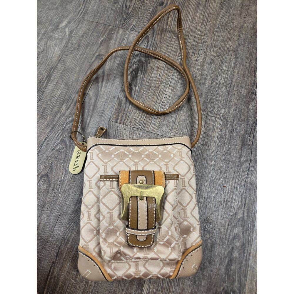 Tignanello Signature Cross Body Bag Beige Tan Gold Canvas Leather Buckle Pocket
